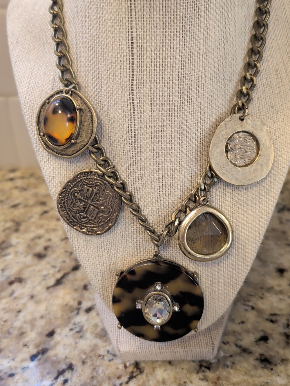 Chico's Mixed Metal Tortoiseshell Pendant Necklace with Amber Accents